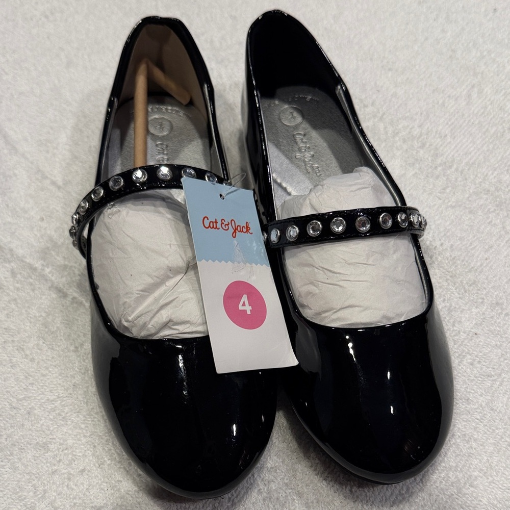 Cat & Jack Black Patent Mary Jane Flats with Rhinestone Strap.